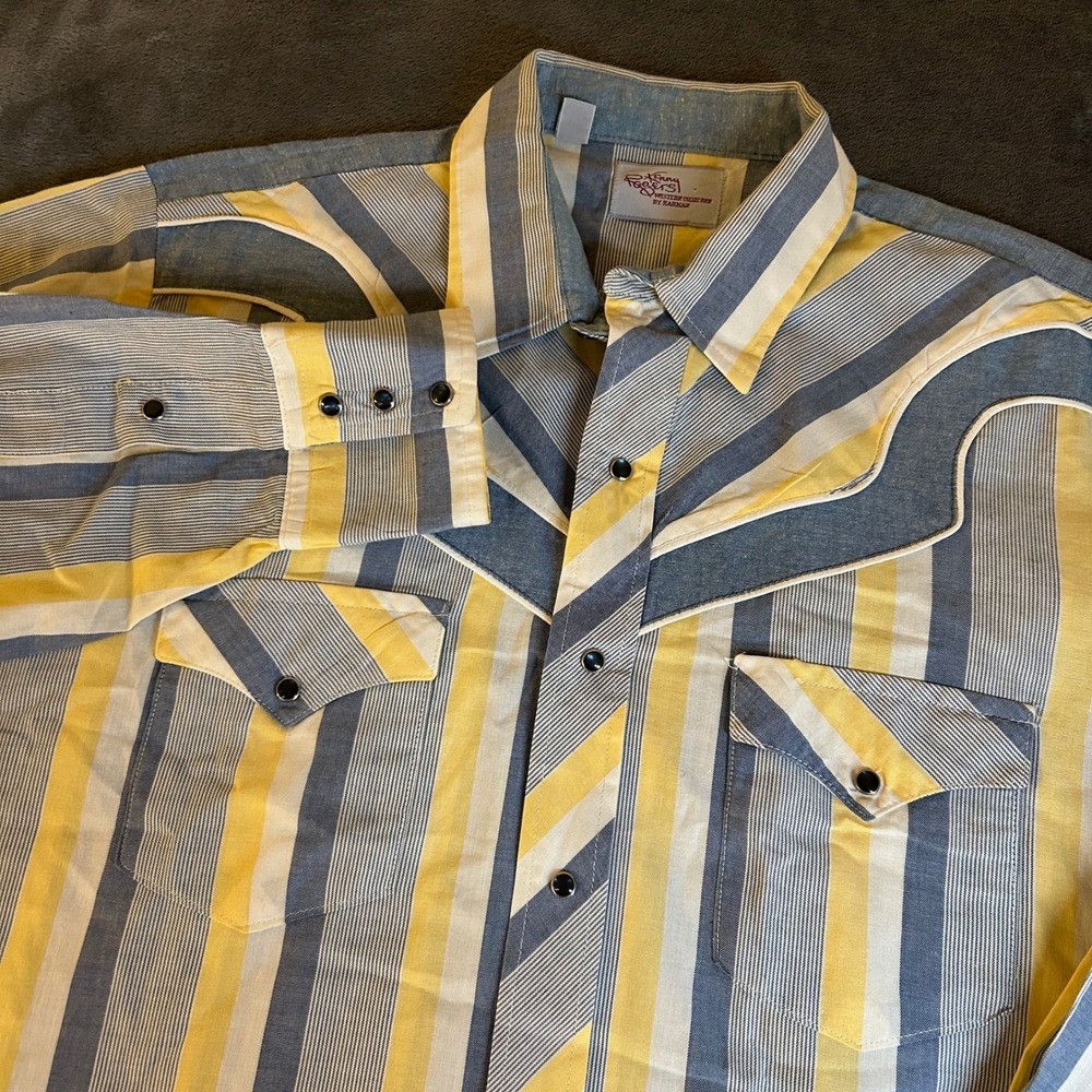 Kenny Rogers Western Collection Shirt Mens 17 35 Blue Yellow Striped Pearl Snap